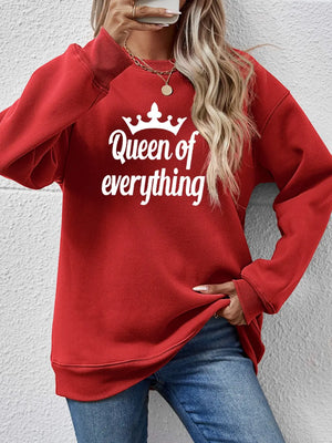 Deep Red graphic sweatshirt with white Queen of Everything text and crown detail.