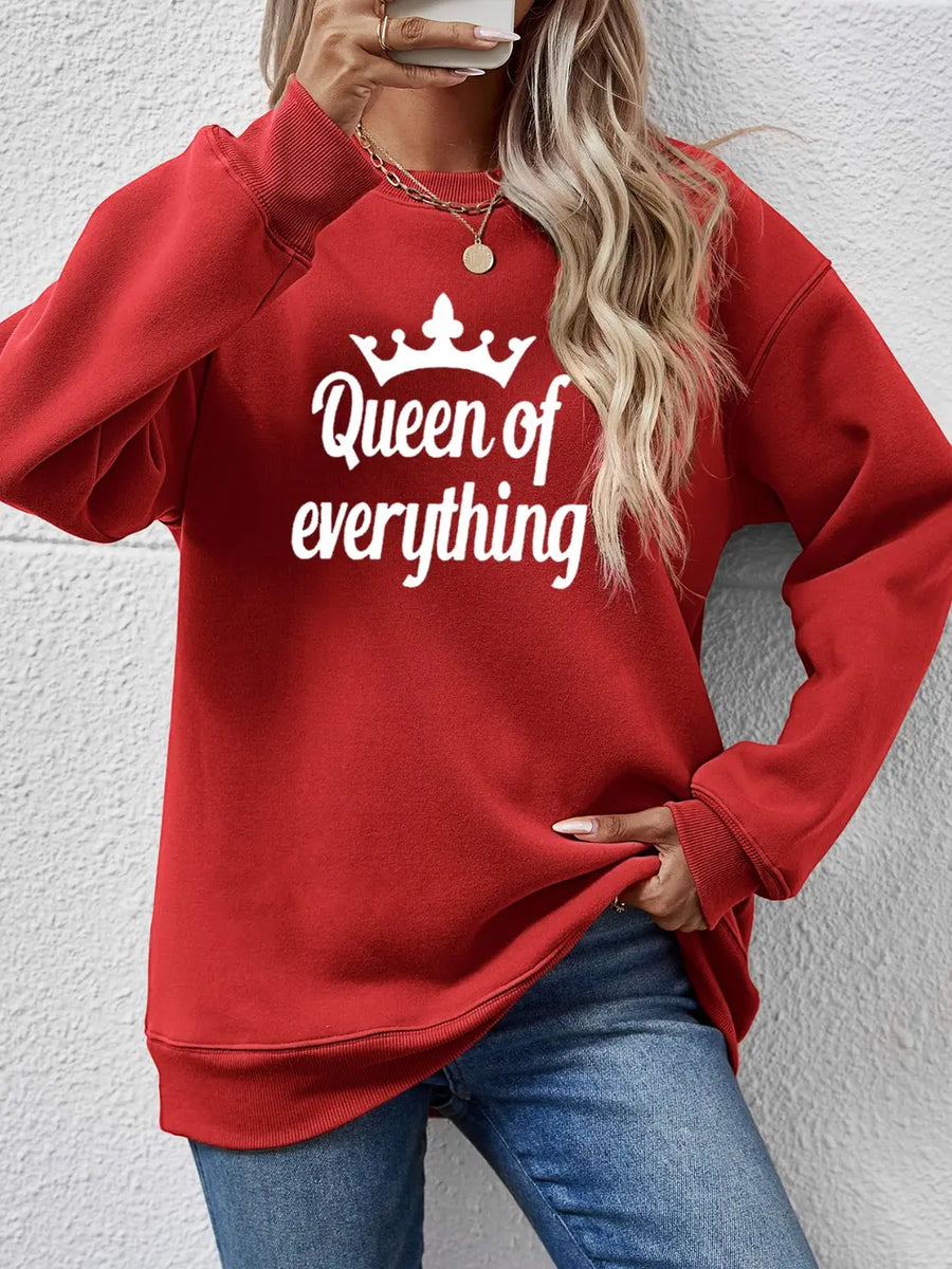 Deep Red graphic sweatshirt with white Queen of Everything text and crown detail.