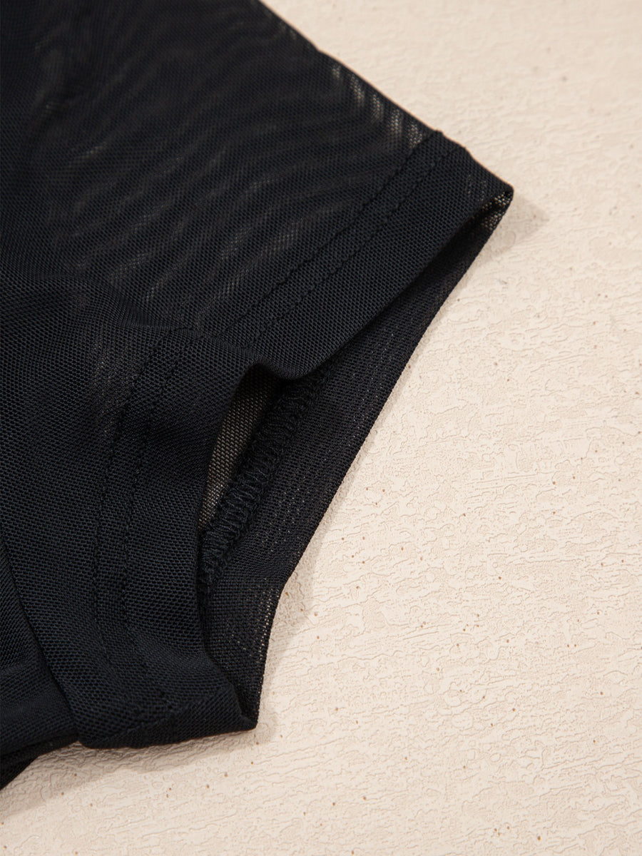 Black sheer mesh cap sleeve t-shirt with visible stitching detail.