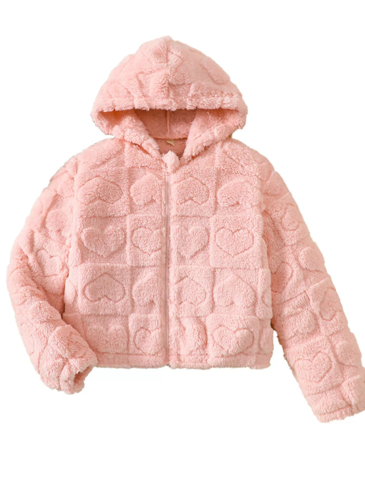 Dusty pink fuzzy heart pattern hooded jacket with zipper closure