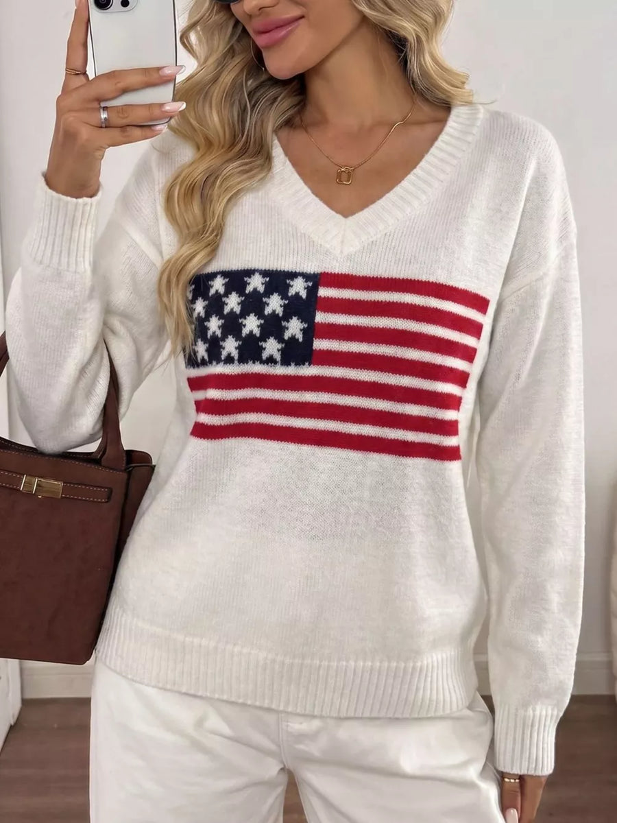 White American Flag V-neck Knit Top