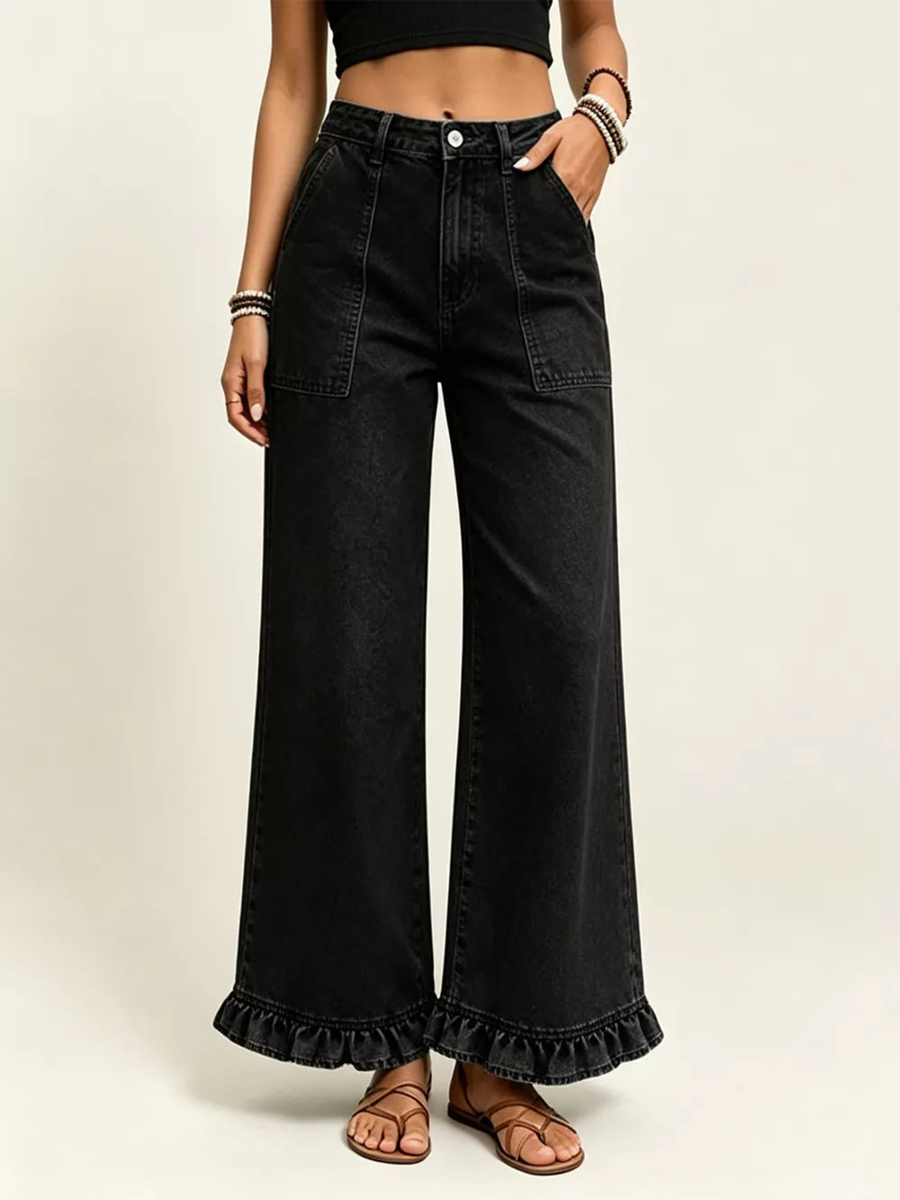 95%cotton, 5%spandex Care instructions: Machine wash cold jeans in Medium with wide-leg silhouette