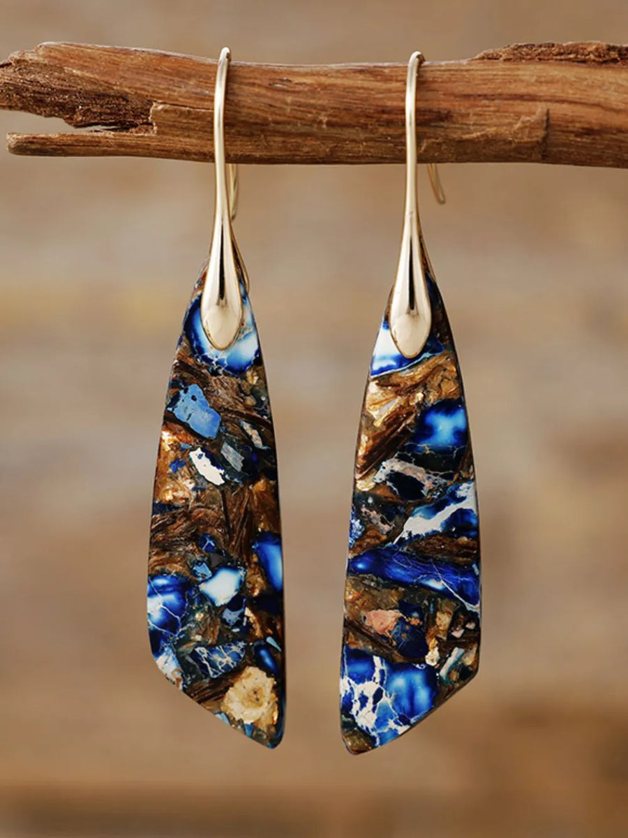 Teardrop earrings with blue and brown stone inlay, 14K gold-plated hooks