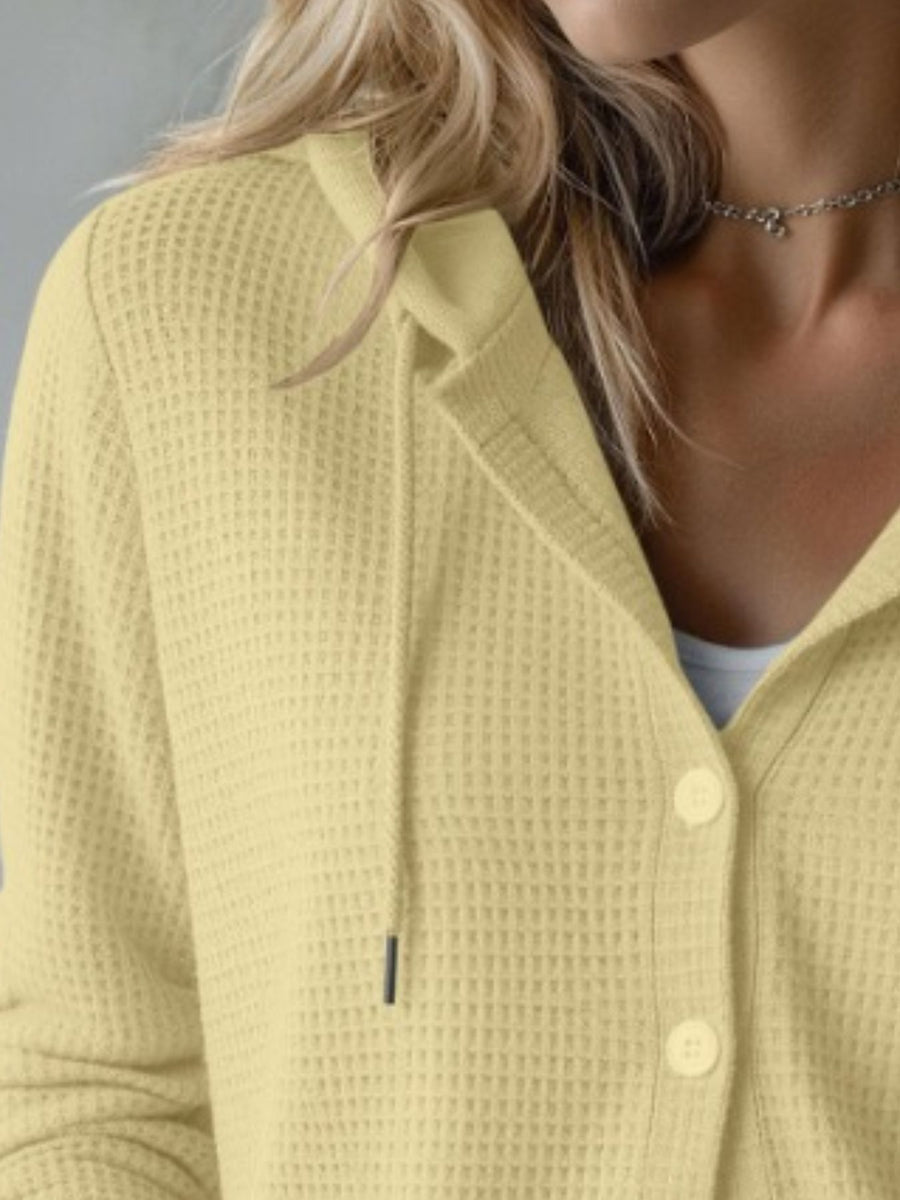 Waffle Knit Button-Down Hooded Cardigan in Sky Blue with waffle-knit