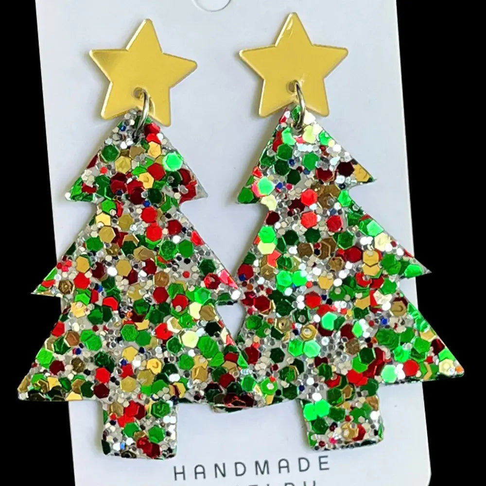 Glittered Christmas tree acrylic earrings with gold star tops.