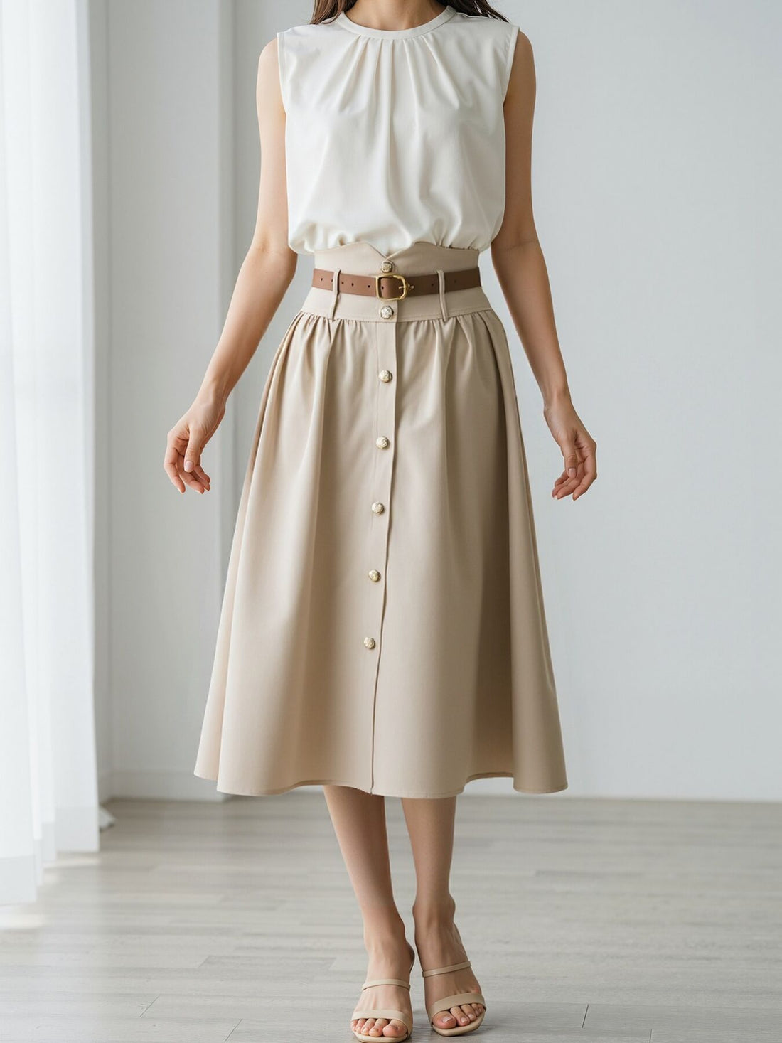 midi skirt in beige featuring buttoned and A-line fit