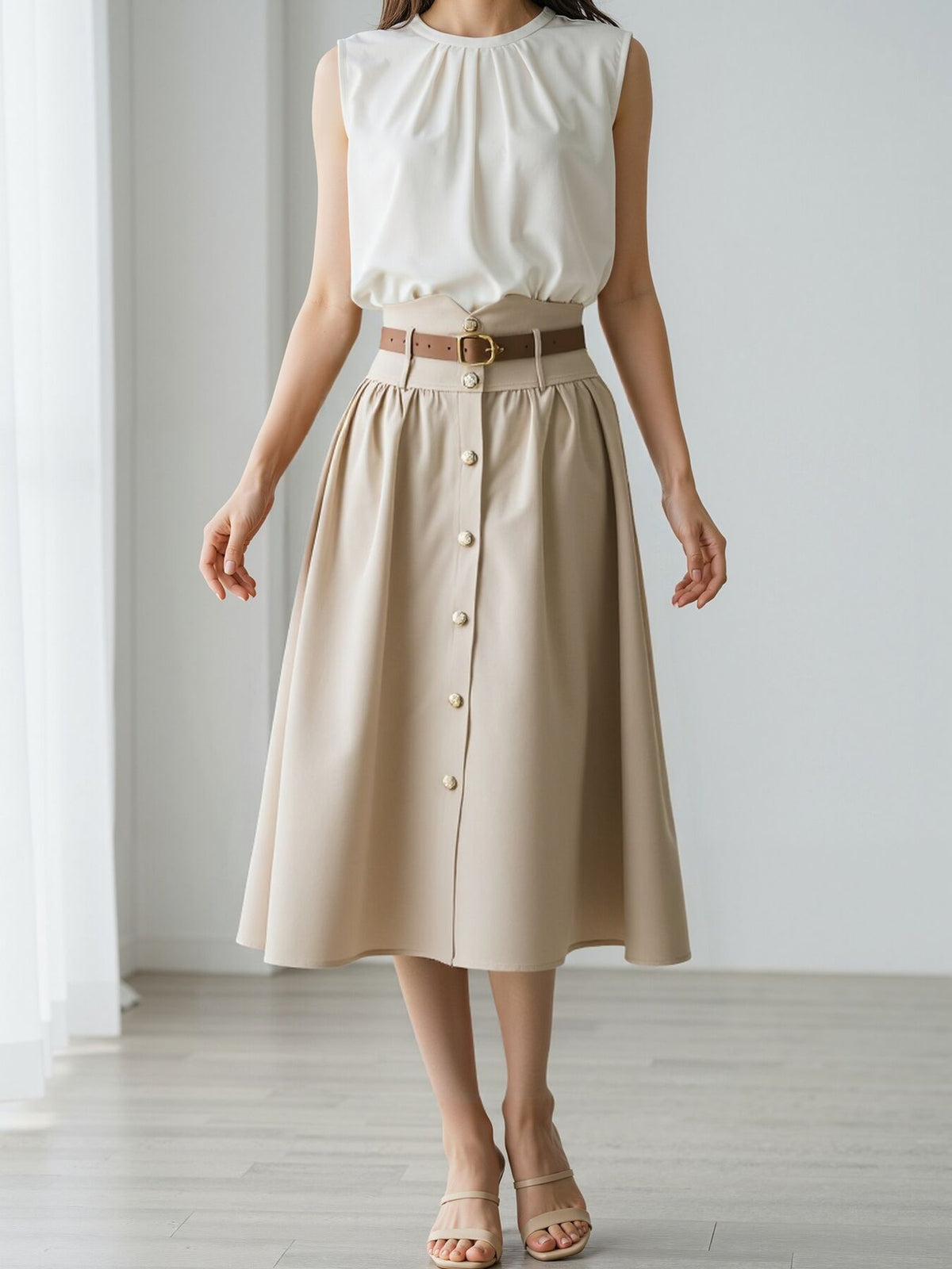 midi skirt in beige featuring buttoned and A-line fit