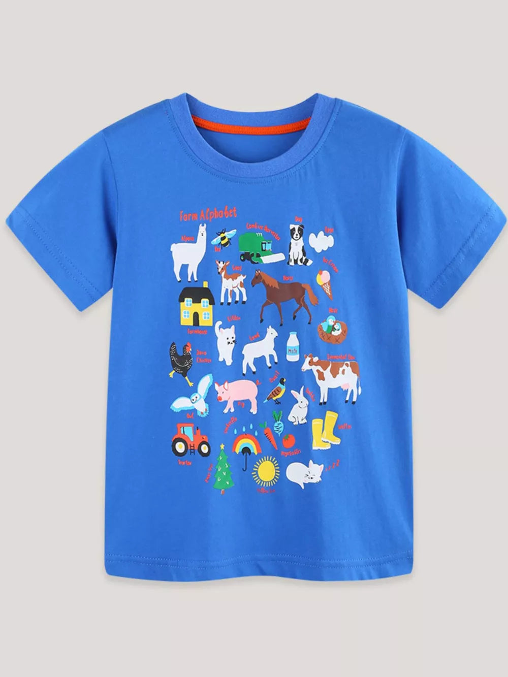 Blue t-shirt with playful farm alphabet graphic, featuring animals and farm items.