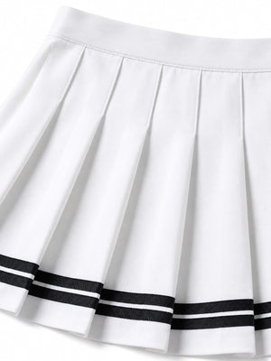 navy blue pleated skirt featuring pleated and striped