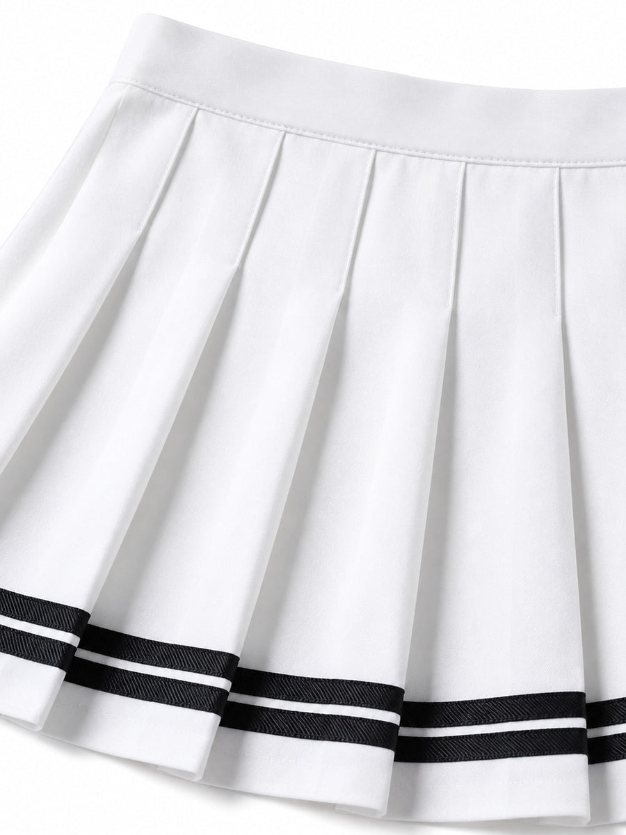 navy blue pleated skirt featuring pleated and striped