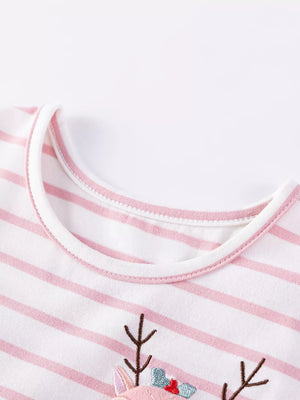 Pink and white striped t-shirt with round neckline and reindeer embroidery detail.