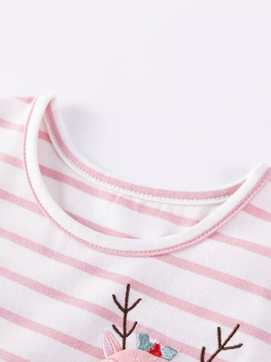 Pink and white striped t-shirt with round neckline and reindeer embroidery detail.