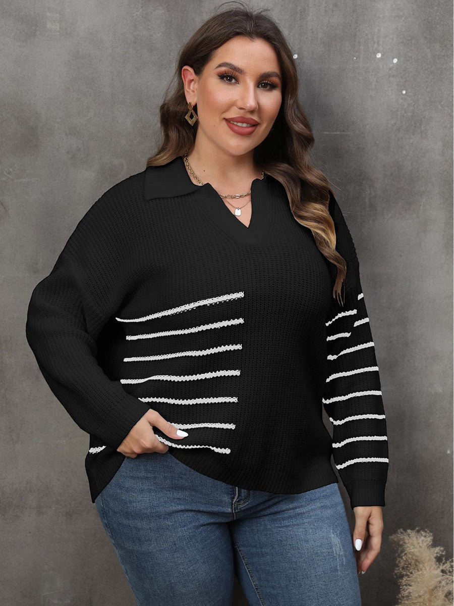 Black knit sweater with collar detail and white horizontal stripes on chest and sleeves.