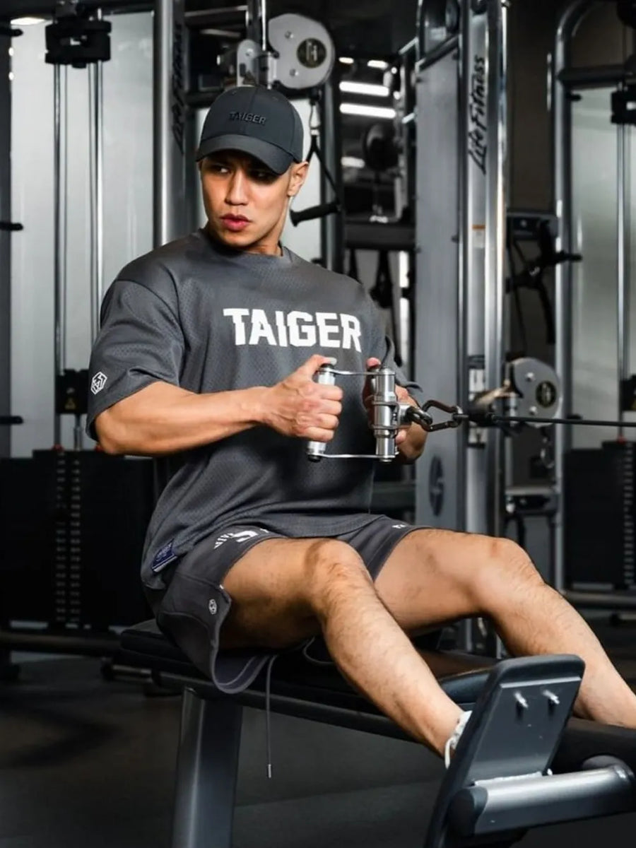 Gray mesh oversized t-shirt with white TAIGER graphic, short sleeves, crew neck.