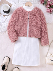 Dusty pink faux fur jacket over a white ribbed dress for babies.