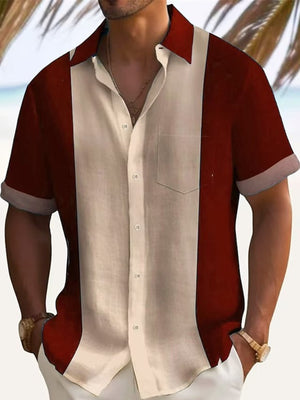 Men's short sleeve button-down shirt in wine red and beige color block cotton with chest pocket.