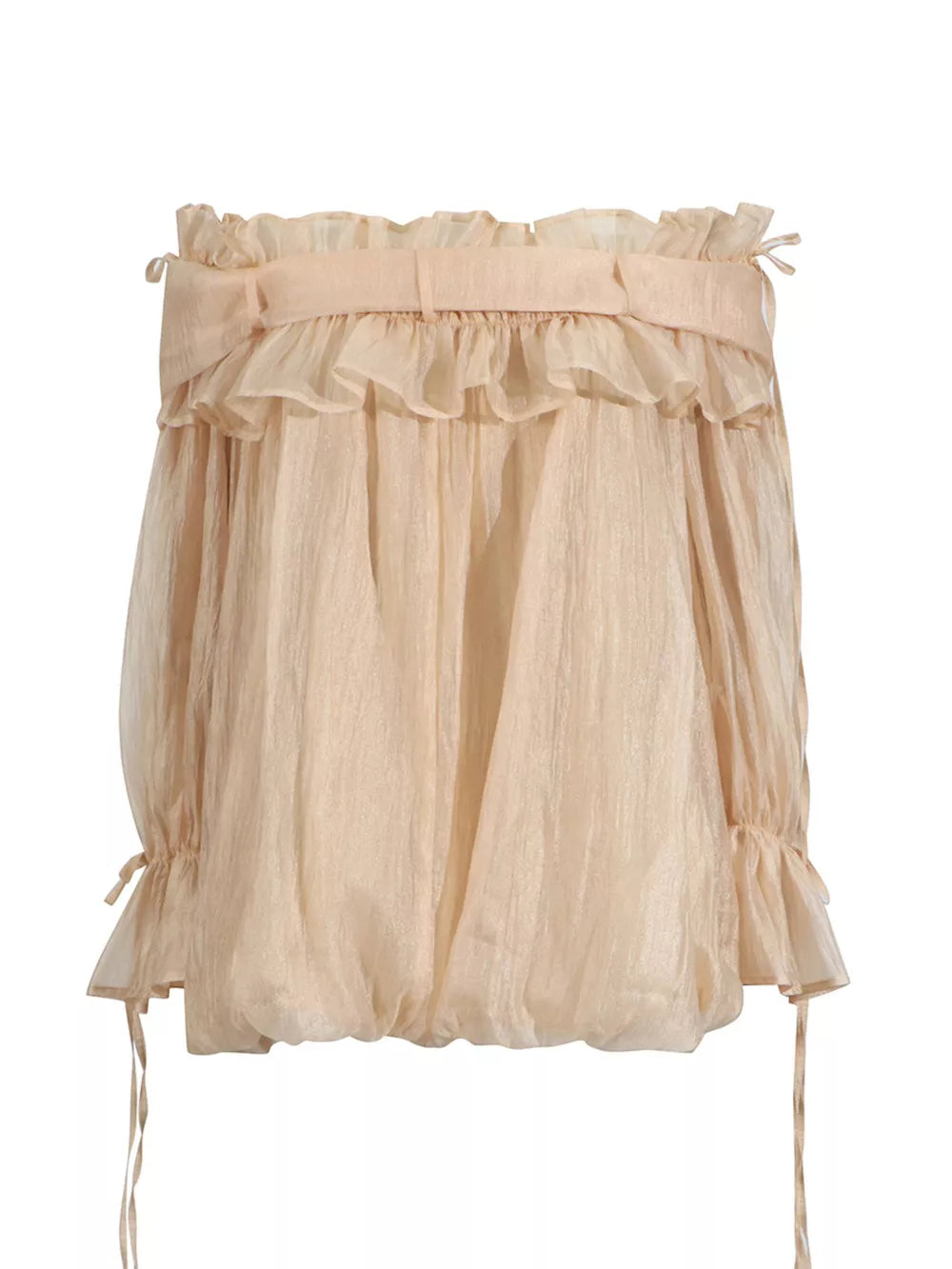 Champagne off-shoulder ruffled maternity blouse with adjustable tie details.