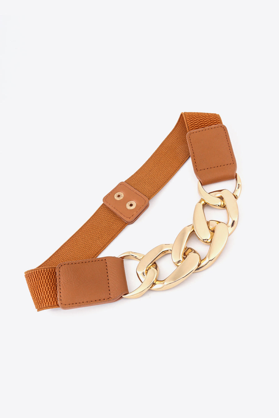 Ochre elastic belt with chunky gold chain detail and faux leather accents