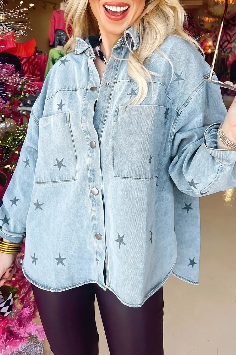 Light Blue with Light Wash Star Print Denim Jacket