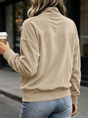 Full Size Quarter Snap Kangaroo Pocket Sweatshirt in Army Green with buttoned