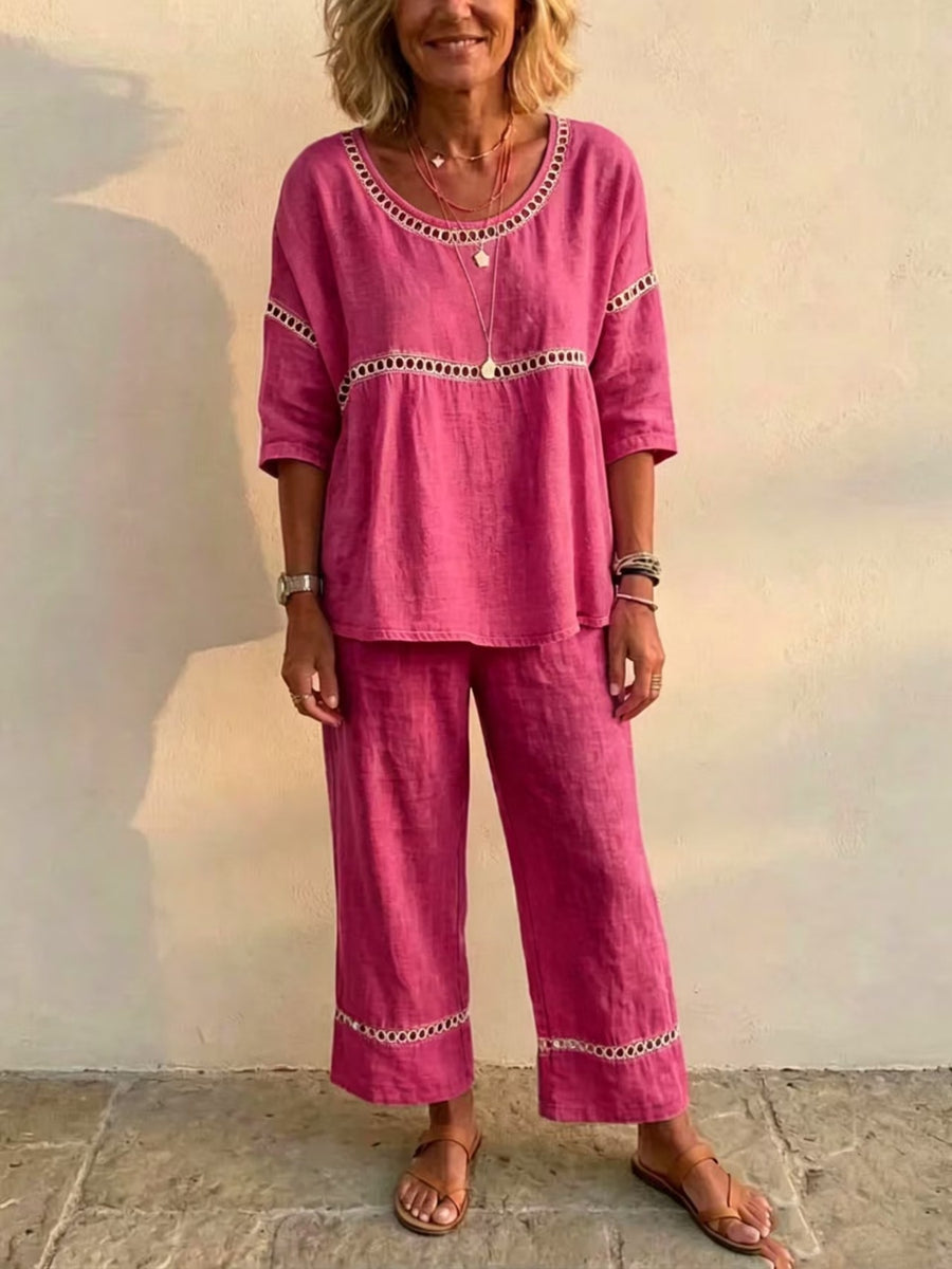 Full Size Hollow-Out Top And Pants Set in Brown