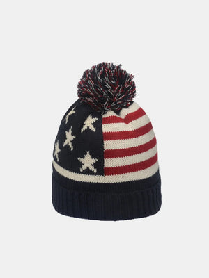 Knit beanie with Union Jack pattern and pom, acrylic, red, white, and blue.