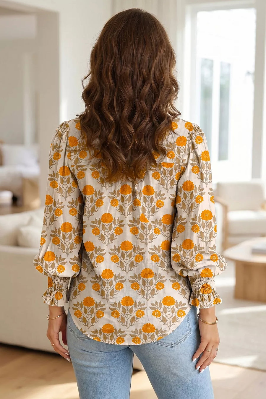 Sherbet with Floral Print V Neck Long Sleeve Top in Sherbet