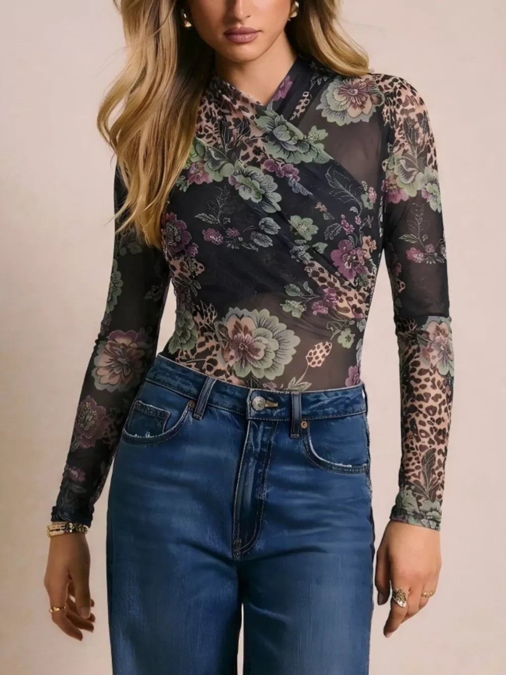 olive green bodysuit featuring mesh and floral