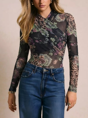 olive green bodysuit featuring mesh and floral