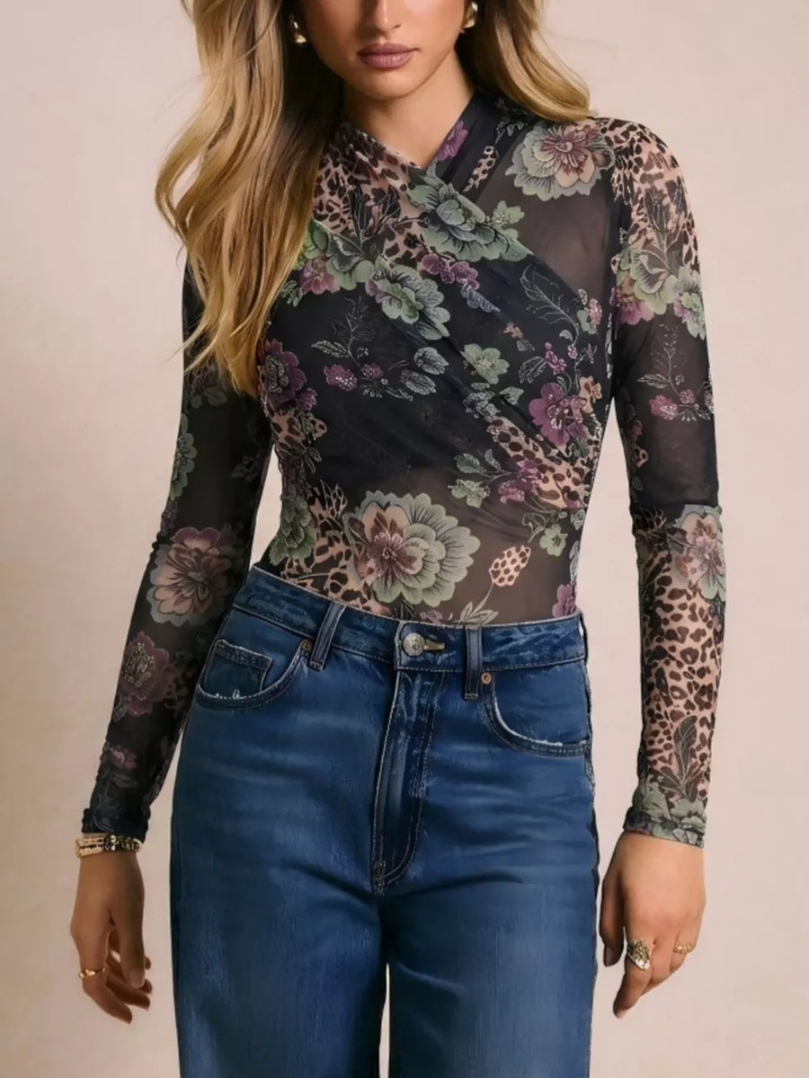 olive green bodysuit featuring mesh and floral