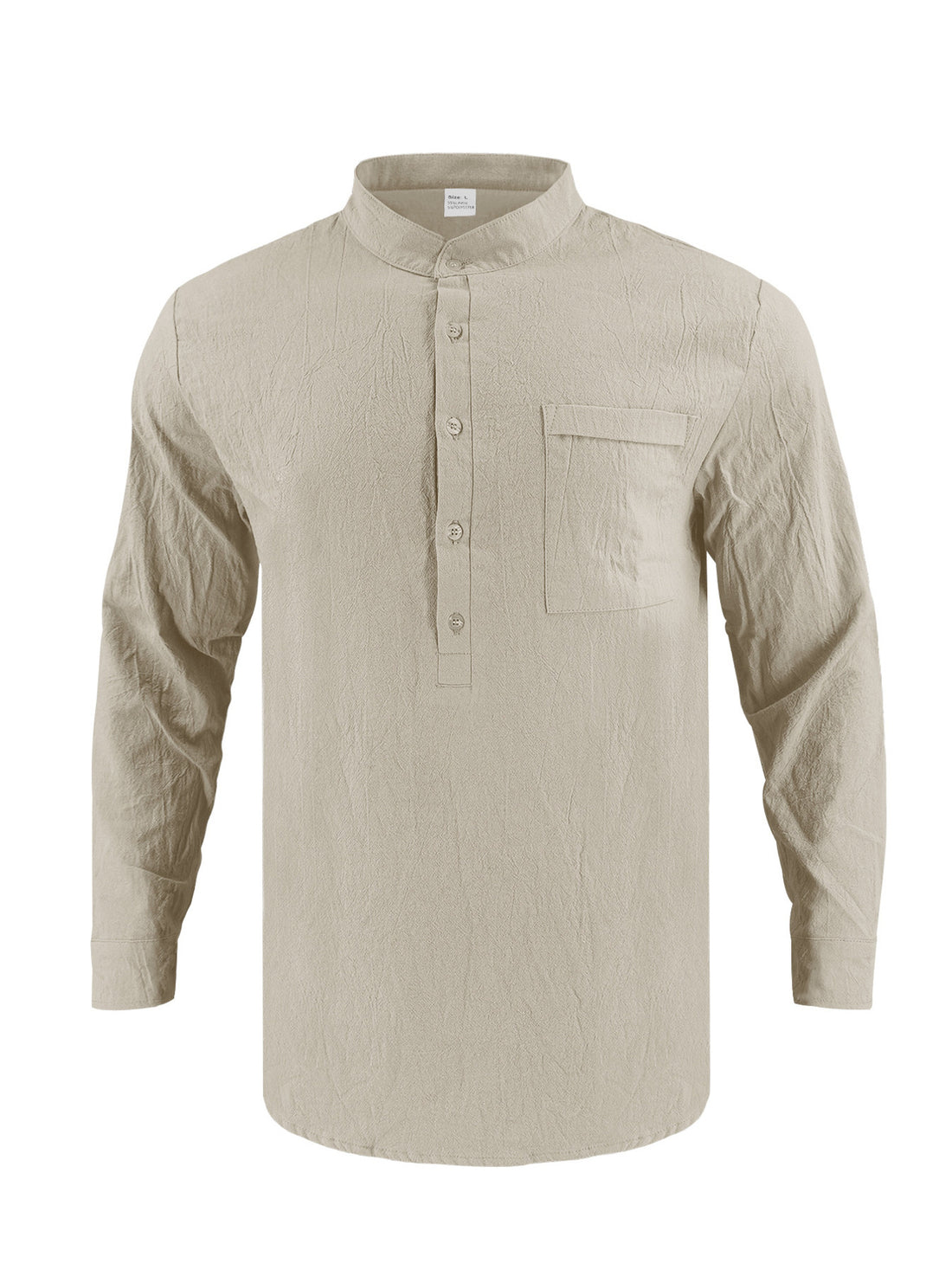 Men's khaki cotton band collar button-down shirt with chest pocket