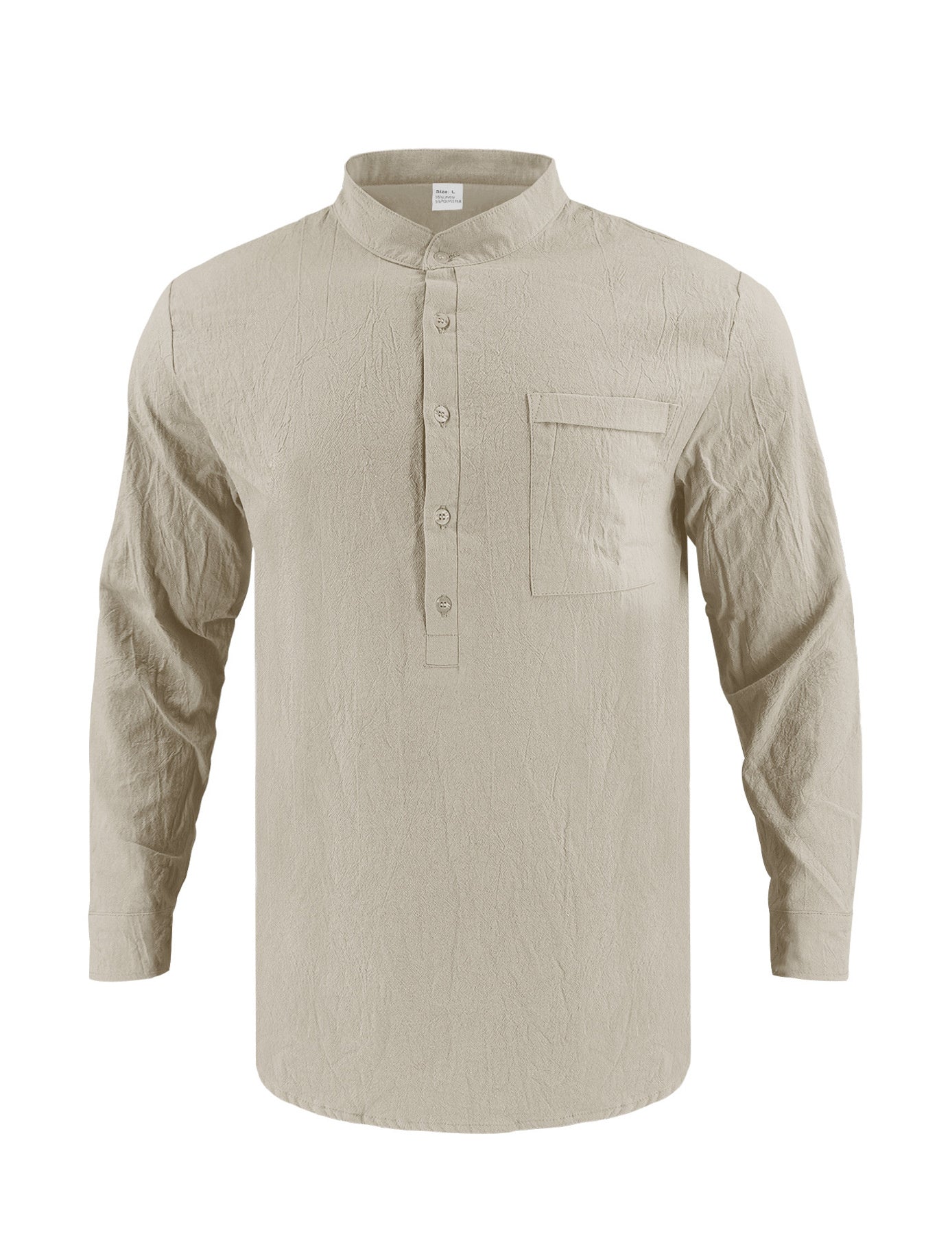 Men's khaki cotton band collar button-down shirt with chest pocket
