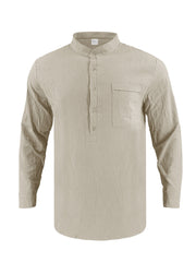 Men's khaki cotton band collar button-down shirt with chest pocket