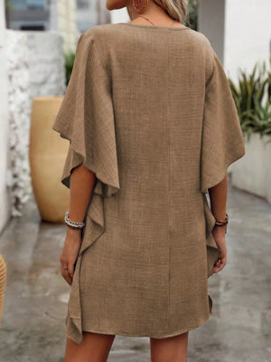 Khaki V-neck mini dress with flowy flutter sleeves and ruffled hem detail.