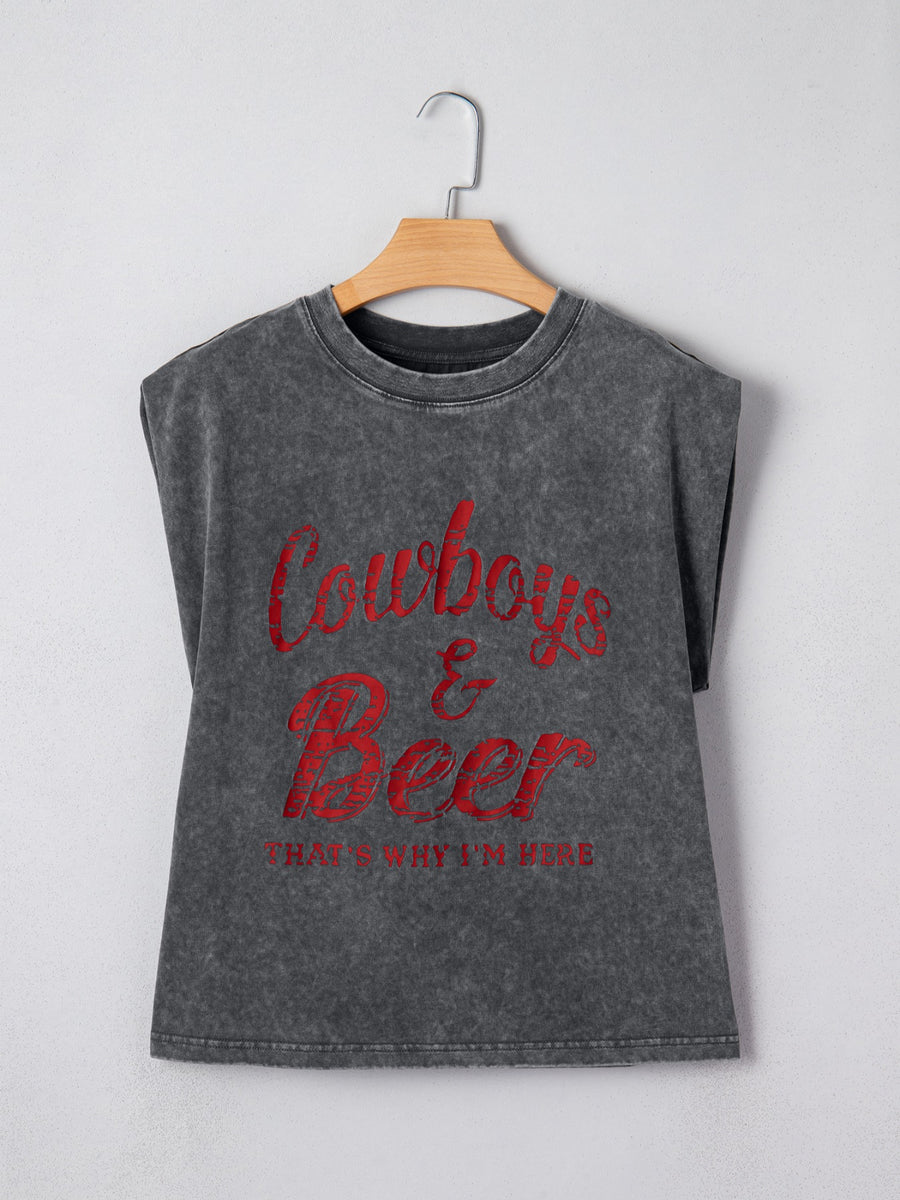 Acid-washed dark gray cotton tank top with red "Cowboys & Beer" graphic and text.