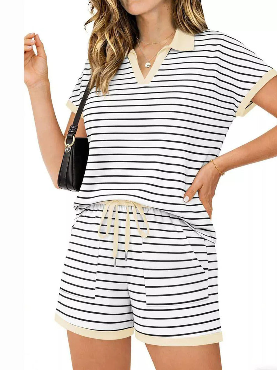 Striped polo shirt and drawstring shorts loungewear set with tan collar and trim.
