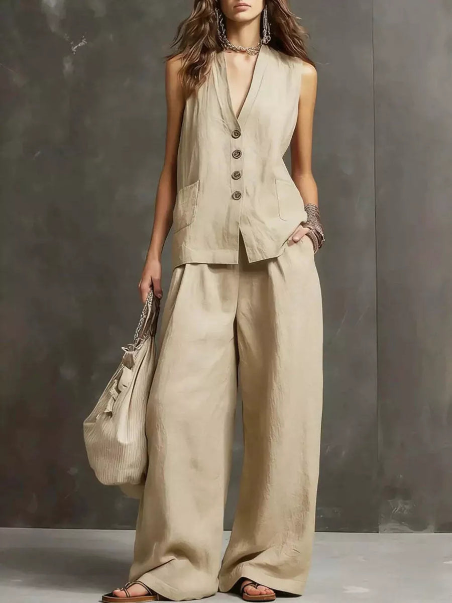 Sleeveless Buttoned Vest And Wide-leg Pants Set in White