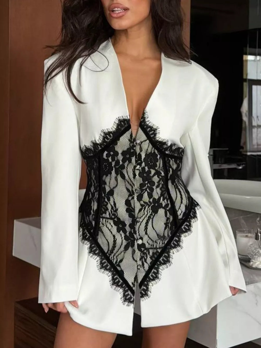 White long sleeve blazer with black lace corset detail and scalloped lace trim.