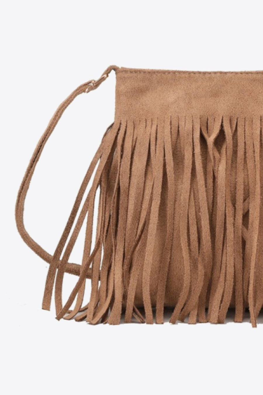 Caramel suede crossbody bag with fringe detail and adjustable strap