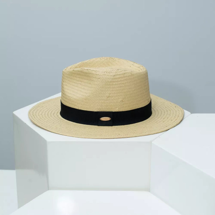 Beige straw boater sun hat with black ribbon band and oval detail