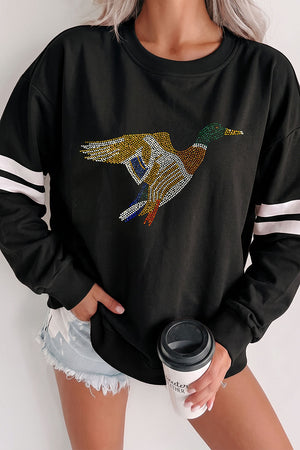 black sweatshirt with graphic-print and crew neck