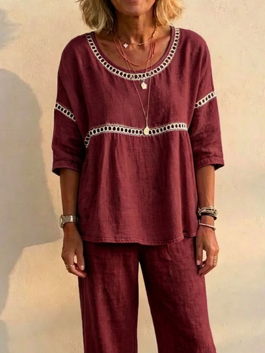 100% polyester Care instructions: Machine wash cold Pants Set in Rose Red with relaxed silhouette