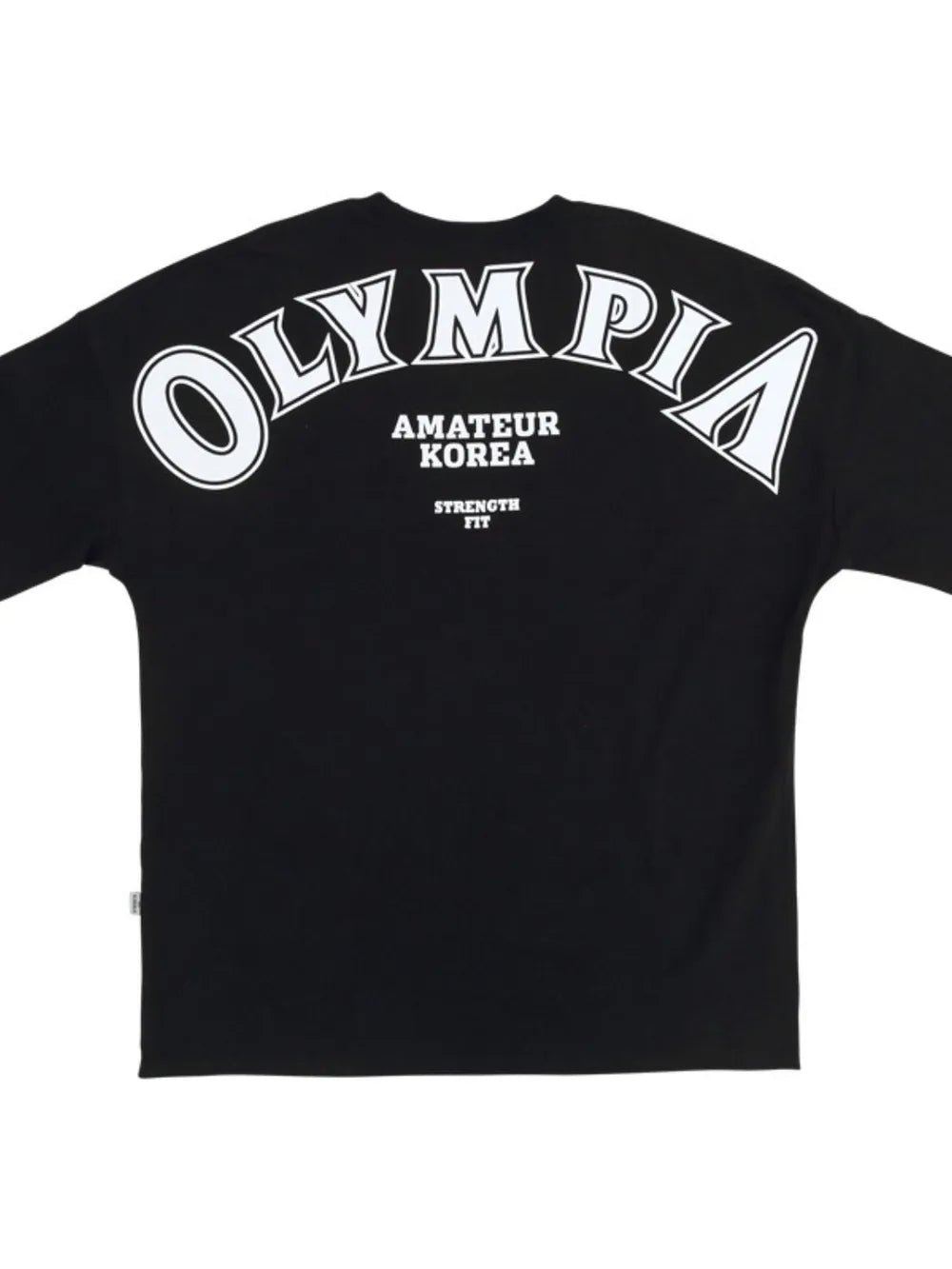 Black oversized tee with white "OLYMPIA AMATEUR KOREA STRENGTH FIT" graphic on back.
