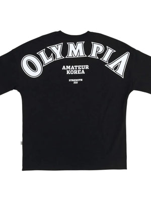 Black oversized tee with white "OLYMPIA AMATEUR KOREA STRENGTH FIT" graphic on back.