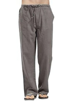 Relaxed fit gray linen drawstring trousers with pockets