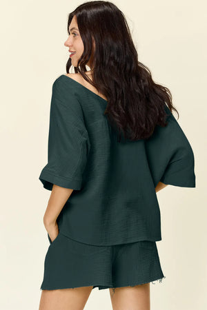Textured cotton half sleeve top and drawstring shorts set in deep teal.