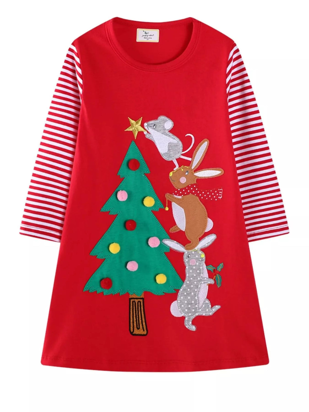 Red long sleeve baby dress with Christmas tree and animal applique design