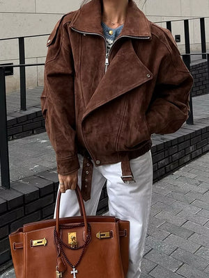 100% polyester Care instructions: Machine wash cold moto jacket in Brown with oversized silhouette