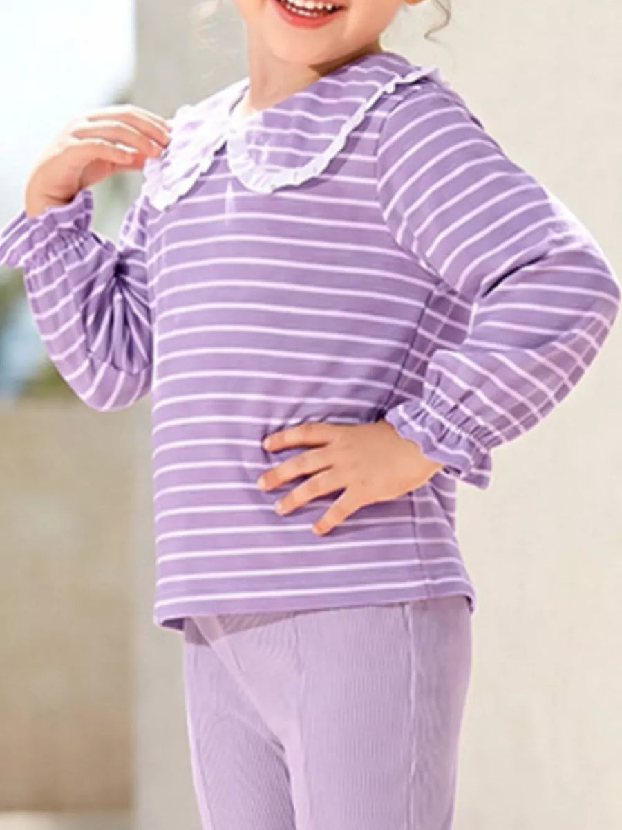 Lavender with Children's Striped Ruffle Collar Top And Bow Flare Pants Set
