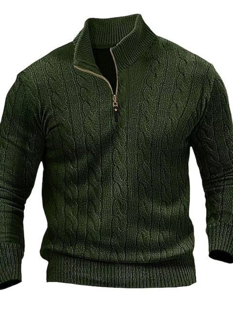 Army Green Men's Cable Knit Half-zip Sweater Plus Size